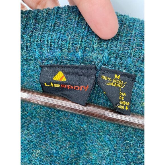 VINTAGE LIZSPORT V-NECK BUTTON FRONT WOOL SWEATER GREEN GRAMPA MEDIUM - Picture 4 of 5